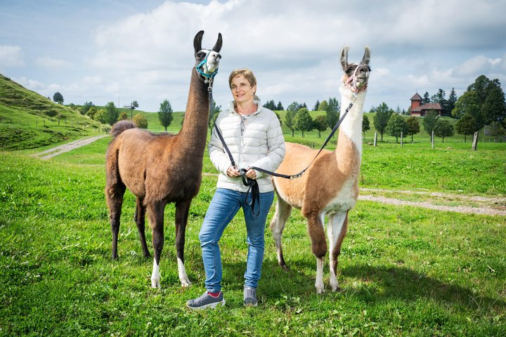 Sonja Rutz mit Phönix und Amigo (l.), 2 ihrer 22 Lamas. Die Landfrau führt mit ihnen Trekkings durch.
