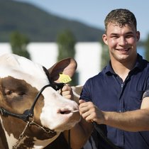Michael Moser hat diese Saison schon sechs Schwingfeste gewonnen. Hier mit dem Siegermuni am Oberaargauischen Schwingfest.