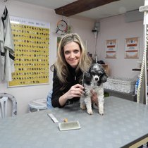 Die Berner Sängerin Patricia Mathys mit Lilly zu Hause in ihrem Hunde­coiffeur-Salon.